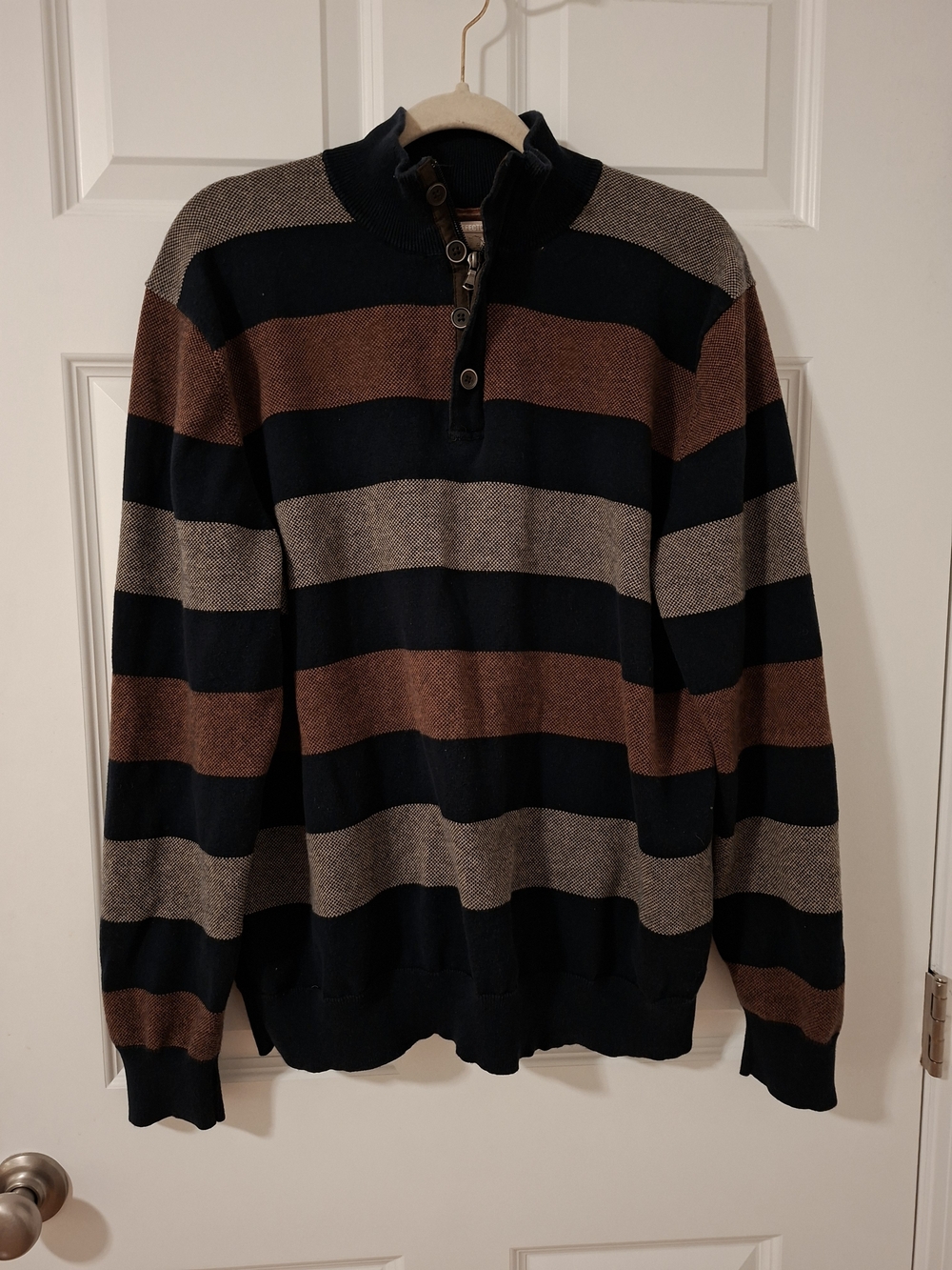 Refectory Men’s Striped 1/4 Zip Button Mock Neck Cotton Sweater, Size XL
